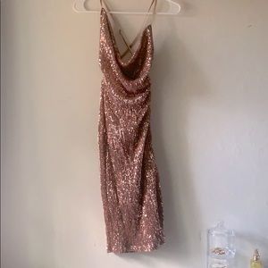 rose gold sequence midi dress with side slit